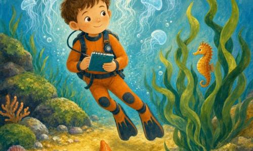 Un bambino di 6 anni, capelli castani corti e lentiggini, volto meravigliato e sorriso dolce, indossa una muta arancione e tiene un piccolo taccuino impermeabile mentre fluttua sopra la sabbia; una stella marina arancione brillante è ai suoi piedi, un piccolo cavalluccio marino color pesca si insinua tra le alghe alla sua destra guardandolo, e un gruppo di meduse traslucide emette una luce azzurra pallida danzando in un alone sopra e dietro di lui; il fondale mostra sabbia dorata, praterie di alghe verdi, qualche scoglio coperto di alghe e piccole conchiglie colorate, con bolle che salgono verso la superficie; atmosfera dolce, colori caldi e pastello, texture da gouache con pennellate morbide e contorni leggermente sfocati per un mood rassicurante e magico.
