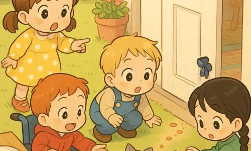 Quattro bambini di 3 anni: Anna (capelli castani in coppine) a sinistra indica una briciola sul portone, Leo (biondo) al centro accucciato osserva la scia di briciole, Mia (capelli neri in treccia) a destra tocca un piccolo fiocco blu, Tom (rossiccio) su una piccola carrozzina colorata vicino ad Anna sorride e tende la mano verso un gattino grigio e morbido che esce da una fessura sotto la porta con una briciola sul muso; scena in un giardino domestico nel tardo pomeriggio con prato rasato, tavolo di legno con briciole, porta bianca socchiusa, vasi di fiori rosa e atmosfera calda, gioiosa e rassicurante.