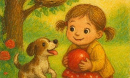 Bambina di 4 anni felice e curiosa, capelli castano chiaro in due codine, occhi grandi e luminosi, giacca gialla e vestito a pois rossi, accucciata mentre stringe una palla rossa lucida al petto; accanto Milo, cane maschio marrone macchiato di bianco, lingua fuori e coda scodinzolante, in piedi sulle zampe posteriori come a indicare la direzione; due uccellini nel nido su un ramo vicino la osservano; un grande albero dal tronco rugoso e foglie verdi sul lato sinistro, un cespuglio di rose rosse con petali sull’erba; scena di giardino soleggiata al tardo pomeriggio, luce calda, atmosfera gioiosa e sicura — situazione principale: la bambina ritrova la sua palla tra i cespugli, sorridente e sollevata, Milo la mostra orgoglioso e gli uccellini osservano dal nido.
