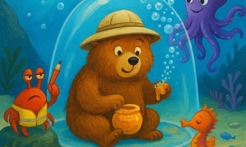 Un grande orso bruno dalla pelliccia soffice e spettinata, con aria meravigliata e un po' imbarazzata, indossa un cappello da esploratore beige e è seduto all'ingresso di una tenda sottomarina traslucida riempita da una grande bolla d'aria, tenendo un vasetto di miele appiccicoso che brilla come oro bagnato; un piccolo granchio direttore dei lavori, rosso con pettorina gialla e una matita dietro la chela, severo ma divertito, sta su una roccia a sinistra indicando la tenda; un elegante polpo viola dai otto tentacoli morbidi e macchie luminose sorride malizioso spruzzando una nuvola di bolle che ricopre la tela della tenda; un cavalluccio marino miniatura arancione e rosa dirige le bolle sollevando la coda davanti alla tenda mentre piccoli pesci curiosi formano un semicerchio come pubblico; il fondale è una radura di sabbia chiara tra due scogli coperti di alghe e conchiglie scintillanti illuminata da raggi blu, con bolle e anemoni ondeggianti; la scena mostra la tenda trasformata in casa d'aria grazie alla bolla gigante, con striature di miele caramellato sul tessuto, in un'atmosfera fantasiosa, colorata, leggermente comica e calda.