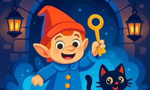 Un pequeño duende llamado Leo, con una gran sonrisa alegre, lleva un abrigo azul brillante y un sombrero puntiagudo. Tiene ojos chispeantes de curiosidad y sostiene una llave dorada brillante en su mano. A su lado, un gato negro con ojos de cristal centelleantes, con una expresión traviesa, salta alegremente. Se encuentran bajo un viejo puente de piedra, donde una misteriosa niebla azul flota a su alrededor, iluminada por faroles dorados que brillan en la noche. La escena irradia una atmósfera mágica y aventurera, mientras Leo se prepara para explorar el portal oculto detrás de la niebla, listo para proteger su ciudad.