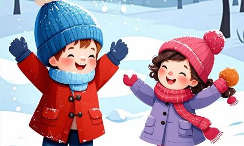 Un bambino di un anno, Leo, con guance rosa e occhi scintillanti, è in piedi nella neve, sorridendo con meraviglia. Indossa un bel cappotto rosso, un piccolo cappello blu e stivali gialli, mentre alza le braccia in aria, lanciando una palla di neve. Accanto a lui c'è la sua migliore amica Sofia, una bambina di due anni, con capelli ricci e un grande sorriso, che indossa un cappotto viola e un berretto rosa. Sta raccogliendo neve per fare un pupazzo di neve, piegandosi leggermente verso il suolo. Lo sfondo è un paesaggio invernale incantevole: alberi coperti di neve scintillante, cielo azzurro chiaro e fiocchi di neve che cadono dolcemente intorno a loro. La scena principale mostra Leo e Sofia che giocano gioiosamente nella neve, circondati da un grande pupazzo di neve che hanno costruito insieme, con accessori colorati come una sciarpa rossa e un cappello nero, creando un'atmosfera festosa e gioiosa.