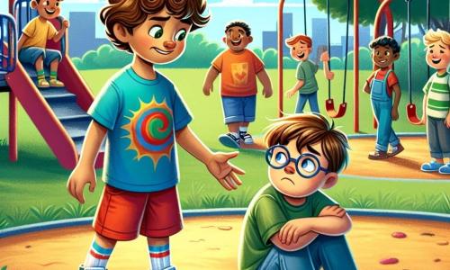 A 9-year-old boy named Oliver, with curly hair and a determined expression, stands on a colorful playground surrounded by swings and slides. He wears a blue superhero t-shirt and red shorts, reaching out to a sad-looking 8-year-old boy named Timmy, who has glasses and brown hair. Timmy, in a green t-shirt and jeans, looks at Oliver with hopeful eyes. In the background, a group of older kids, including 10-year-old Jake with blonde hair and a mocking smile, walks away laughing, creating a tense atmosphere. The sunny playground, with lush trees and a blue sky, contrasts with the delicate situation. Oliver bravely approaches Timmy to offer help and friendship, highlighting the importance of standing up against bullying.