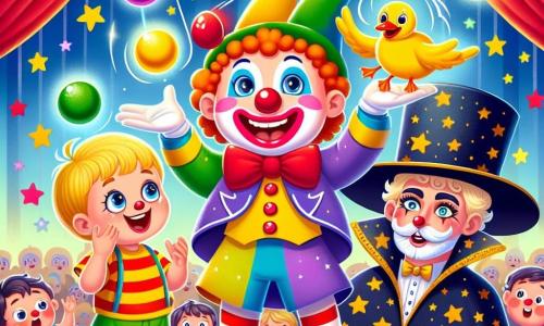 Um palhaço alegre, chamado Pipo, com um grande sorriso, um nariz vermelho e cabelos coloridos, está malabarizando com bolas multicoloridas, seus olhos brilhando de felicidade. Ao seu lado, um mágico misterioso, usando um grande chapéu preto e uma capa estrelada, observa surpreso um pato que apareceu no lugar de um coelho, com as sobrancelhas levantadas e um sorriso divertido no rosto. O circo está decorado com luzes cintilantes e faixas coloridas, com uma grande tenda listrada em vermelho e branco ao fundo, cheia de espectadores maravilhados. Nesta cena, Pipo faz rir Léo, um garotinho de olhos brilhantes e cabelos loiros, que aplaude com entusiasmo, cercado por confetes flutuando no ar.