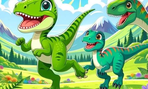 Wesoły welociraptor z jaskrawą zieloną skórą i błyszczącymi oczami biegnie z całych sił w słonecznej dolinie, a jego szeroki uśmiech pokazuje entuzjazm. Obok niego jego mama, duży welociraptor o miękkim i kolorowym upierzeniu, zachęca go czułym spojrzeniem, podczas gdy tata, muskularny welociraptor z ostrymi pazurami, podąża blisko, gotowy bronić rodziny. Scena rozgrywa się w zielonej dolinie, wypełnionej dużymi paprociami, kolorowymi kwiatami i majestatycznymi górami w tle, pod błękitnym niebem usianym puszystymi chmurami. W centrum obrazu Raptor i jego rodzina odkrywają nowego przyjaciela, sympatycznego dinozaura, który się im przedstawia, tworząc moment radości i przyjaźni.