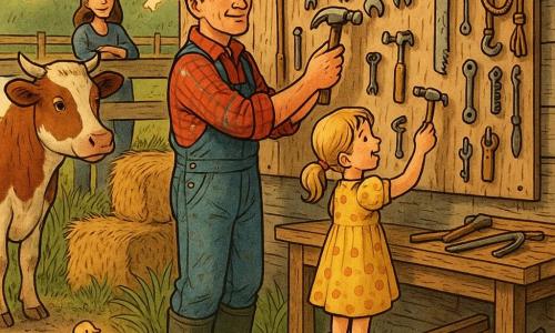 A smiling, serene farmer in his forties with a weathered face and short chestnut hair, wearing a red-and-blue plaid shirt, denim overalls and rubber boots, reaches to hang an old shiny hammer on a large wooden tool board; to his right on a small step stands Lily, about eight, blond pigtails and a yellow polka-dot dress, admiringly holding a small hammer she just hung; Sam, a young woman of about 25, leans on a fence in the background watching and smiling; the brown-and-white cow Clover stands leftward calmly turned toward them while five yellow chicks peck in a straw bale in the foreground; the scene is set before a sunlit, weathered wooden shed with a wooden workbench full of tools, a hook board neatly holding rakes, wrenches, saws and ropes, stacked hay bales and tall grass, showing the family farm’s warm, peaceful atmosphere as they gently and orderly hang tools; style: colored ink illustration, clean lines, warm textured colors, soft contrast, composition centered on the tool board and the two human figures.