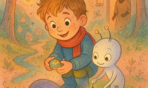 Main character: a 6-year-old boy with a round freckled face, tousled light brown hair, wide bright eyes and a gentle, amazed expression; he wears a red scarf, blue boots and holds a small painted pebble with a smile. Secondary character: a small child-sized Lumen creature with pearly iridescent skin, three round smiling eyes and thin antennae tipped with tiny lanterns, standing beside the boy and touching a smooth stone with a tiny lamp. Secondary human: the mother (about 30), hair tied back, watching from a doorway in the background with a tender smile. Setting: a mossy hill in peach and green tones, soft-trunked trees with glowing lanterns, a sparkling blue moss path and distant small round glass houses. Main situation: the boy and the Lumen place the painted pebble beside a large semi-buried gray stone emitting a soft purple glow; warm pastel colors with playful details like floating light bubbles, musical notes and small star and leaf doodles.