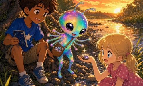 Three friends by a small river at sunset: Max, a roughly 9-year-old boy with tousled brown hair, a blue T‑shirt with a white star and slightly dirty knees, sits left by the big oak trunk holding a starry notebook and smiling; Lily, a roughly 9-year-old girl with blonde pigtails in a pink polka-dot dress, sits right and slightly forward, showing a shiny pebble in her palm and gazing in wonder; Zog, a small friendly rainbow‑hued alien with large black sparkling eyes, eight thin little arms and a small bag of shiny trinkets, stands between them leaning toward the children in a friendly gesture. They examine bright objects found at the water’s edge; clear water reflects golden patches, smooth pebbles and tall grasses, warm sunset light and gentle magical atmosphere with small light glints around the objects.