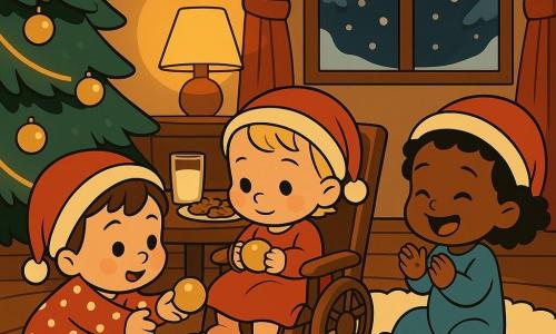 Há três crianças: Ana, 1 ano, pequena e joufflue, cabelos curtos castanhos, boné vermelho e pijama às bolinhas, agachada à esquerda, estende uma pequena bola dourada; Bia, 1 ano, magra, cabelos encaracolados pretos, boné vermelho e body azul, à direita sentada no tapete batendo palmas e rindo; Clara, 1 ano, pequena, cabelos loiros finos, boné vermelho e vestido vermelho, ao centro sentada numa pequena cadeira de rodas de madeira com almofada, segurando e olhando a bola dourada. Ambiente: sala de estar natalina e acolhedora com grande árvore verde decorada com luzes quentes e bolas douradas, tapete creme espesso tipo neve, iluminação suave, mesa de centro com prato de biscoitos e copo de leite, janela fechada com cortinas vermelhas e paisagem noturna nevada do lado de fora. Situação: cena íntima e alegre — os três bebês riem e compartilham a bola dourada junto à árvore iluminada; luz quente faz as decorações cintilarem, expressões ternas e gestos simples (estender, aplaudir, apertar a bola) bem visíveis.