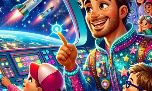 Um homem, o Capitão Léo, sorridente e entusiasmado, veste um traje espacial brilhante com estrelas cintilantes. Ele tem cabelos castanhos e olhos cheios de alegria, segurando um grande botão azul na mão. Ao seu lado, três crianças: uma menina de 6 anos com cabelos cacheados e uma camiseta rosa, que olha com admiração pela janela; um menino de 5 anos com um boné vermelho, que aponta para uma estrela brilhante; e outro menino de 7 anos com óculos, que faz anotações em um pequeno caderno. Eles estão todos na cabine de uma nave espacial futurista, cercados por painéis luminosos e controles coloridos. Do lado de fora, uma paisagem espacial espetacular com planetas de cores vivas e estrelas cintilantes. A cena principal mostra o momento em que o Capitão Léo explica às crianças como decolar a nave, cheios de empolgação e expectativa para sua viagem ao espaço.