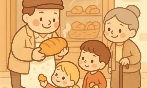 Een vriendelijke, glimlachende bakkerman met beige jas, witte met meel bevlekte schort en bruine pet houdt een nog dampende goudbruine bol brood vast; links van hem staat een ongeveer 5-jarig blond meisje met staartjes en een rood rugzakje dat een stukje brood krijgt, rechts een nieuwsgierige ongeveer 8-jarige jongen met kort bruin haar die een muntje vasthoudt, achter hen een lachende oudere vrouw met grijs haar in een knot en een stok die aan een klein broodje ruikt; locatie: kasseistraat bij zonsopgang voor een lichte houten bakkerijkraam met vlaggetjes en rieten manden vol brood en croissants, zachte stoom boven de broden, warme kleuren en goudachtig ochtendlicht, knapperige korst en kruimstructuur zichtbaar.
