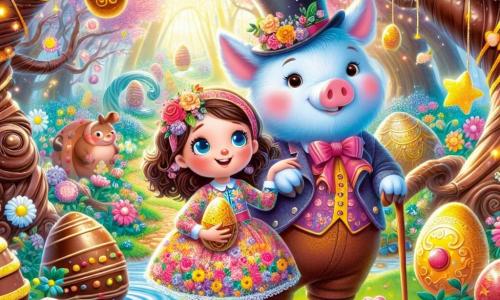 No centro da imagem, Clara, uma menina de 12 anos, é representada com cabelos castanhos presos em um rabo de cavalo, um grande sorriso iluminando seu rosto. Ela veste um vestido colorido adornado com padrões florais e segura um ovo de Páscoa dourado brilhante em suas mãos, mostrando uma expressão de alegria e deslumbramento. Ao lado dela, o Senhor Coelho, um grande porco de pelagem azul, está em pé sobre suas patas traseiras, com um chapéu de cilindro e uma bengala, exibindo um sorriso amigável. Ele parece pronto para guiar Clara em suas aventuras. Ao fundo, a cena se passa em um jardim mágico, repleto de flores vibrantes, rios de chocolate e árvores com folhas em forma de doces. Corações e estrelas cintilantes flutuam no ar, adicionando um toque de magia ao ambiente. A situação principal mostra Clara e o Senhor Coelho se preparando para explorar o jardim encantado em busca dos Ovos da Alegria, cercados de risos e cores, simbolizando o espírito alegre da Páscoa.