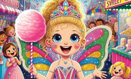 Ein 7-jähriges Mädchen, Mia, steht im Mittelpunkt des Bildes, gekleidet in ein buntes Schmetterlingskostüm mit glänzenden Flügeln, die in der Sonne funkeln. Sie hat große, bewundernde Augen und ein strahlendes Lächeln, während sie eine große rosa Zuckerwatte in den Händen hält. An ihrer rechten Seite steht ihre beste Freundin Emma, ebenfalls 7 Jahre alt, verkleidet als Prinzessin mit einem glitzernden rosa Kleid und einer goldenen Krone auf dem Kopf. Sie lacht fröhlich und zeigt einen Papierstern, den sie gebastelt hat. Im Hintergrund ist eine belebte Karnevalstraße mit bunten Girlanden und schwebenden Ballons dekoriert. Essensstände bieten süße Leckereien an, während Clowns und Straßenkünstler die Menge unterhalten. Die Hauptszene zeigt Mia und Emma, Hand in Hand, die fasziniert einem Jonglierauftritt von Clowns zusehen, umgeben von Lachen und leuchtenden Farben, die den fröhlichen und festlichen Geist des Karnevals einfangen.