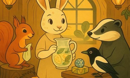 Momo, ein junger anthropomorpher Hase mit langen weichen Ohren und creme-sandigem Fell, hält eine große Glaskaraffe mit Zitronenwasser und Minzblättern und steht aufmerksam in der Mitte, links sitzt Laila, ein schlankes, lebhaftes Eichhörnchen mit glänzendem rostigem Fell auf einem Baumstumpf und lächelt mit Servietten aus Blättern, rechts sitzt Brumm, ein ruhiger, rundlicher Dachs mit dunkelgrauem Fell und weißer Nasenstreak, bei einem Holztisch mit gütigem Blick zur Karaffe, Zaza, eine elegante junge Elster mit schwarz-weißem Gefieder, sitzt am Tischrand und hält eine kleine blaue Kugel, Piks, ein schüchterner Igel mit braunen Stacheln, kauert bei der Türschwelle und hält eine kleine Laterne aus einer goldenen Nuss; Schauplatz: gemütliche Waldbauhöhle mit hellen Holzwänden, Moosteppich, Schalendis-Laternen und Blattgirlanden, dämmriges Fensterlicht; Hauptsituation: Freunde versammeln sich zum Iftar des Ramadans um einen niedrigen Tisch, tauschen dekorierte Essenspakete, Karaffe richtet sich zu den Gläsern, friedliche, verbindliche Atmosphäre in warmen Honig-, Minz- und Holztönen mit dezenten geometrischen Art-déco-Mustern.