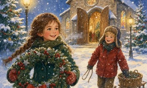 Zwei Kinder: Anna, etwa 8 Jahre alt, braune Haare zu Zöpfen, gerötete Wangen vom Frost, dunkelgrüner Wollmantel, hält mit beiden Händen einen Tannengirlande vorn links; Max, etwa 7 Jahre alt, blonde strubbelige Haare, begeistertes Lächeln, Pelzmütze und rote Daunenjacke, zieht rechts hinter Anna einen kleinen Holzschlitten mit einem Korb. Vor einer kleinen steinernen Dorfkirche mit geschnitzter Holztür, offenen Türen und innen erleuchteten bunten Glasfenstern; Gehweg bedeckt von frischem Schneeteppich, verschneite Tannen beidseits mit schlichten Girlanden und roten Beeren, warme Laternenlichter werfen gelbe Halo auf den Schnee. Weihnachtlicher Abend: indigoblauer Himmel, große sanft fallende Flocken; Anna und Max tragen zusammen einen großen Tannenkranz mit roten Beeren, silbernen Sternchen und rotem Band und gehen gemeinsam zur Kirche unter warmem Licht, das kontrastierend zum blauen Abend wirkt; Atmosphäre sanft, fröhlich und warm, sichtbarer Atem, Fußspuren im Schnee.