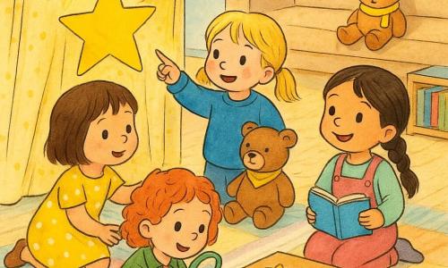 Cuatro niñas de 3 años investigan alegremente en una sala de juegos luminosa: Ana, morena de cabello corto, de rodillas junto a la cortina señalando una gran estrella adhesiva amarilla pegada en un pañuelo; Berta, rubia con coletas y suéter azul, de pie junto a un osito de peluche señalando la escena; Carla, pelirroja con rizos y chaqueta verde, con una lupa mirando una pequeña mancha de pegamento en la mesa baja; y Dora, de trenza y peto rosa, sentada en la alfombra con un cuaderno y lápiz, sonriendo a Ana; ambiente sereno y alegre, luz suave, colores vivos pero paleta dulce, texturas visibles (lana del pañuelo, peluche, adhesivo brillante).