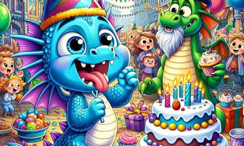 Ein kleiner blauer Drache mit großen runden Augen und schimmernden Schuppen steht auf seinen Hinterbeinen, ein breites Lächeln im Gesicht, hält einen bunten Hut in einer Klaue und ein riesiges Stück Kuchen in der anderen. Er ist voller Freude und Aufregung, bereit, den Vatertag zu feiern. Neben ihm schaut ein alter grüner Drache mit abgenutzten Schuppen und grauem Bart stolz und zärtlich auf seinen Sohn, ein warmes Lächeln erhellt sein Gesicht. Er steht etwas im Hintergrund und bewundert die Vorbereitungen für das Fest. Die Szene spielt sich im Herzen einer lebhaften Stadt ab, wo bunte Ballons in der Luft schweben, Girlanden die Bäume schmücken und Tische mit süßen Leckereien gefüllt sind. Kinder spielen herum und Lachen hallt durch die Luft. Der kleine Drache organisiert eine große Feier für seinen Papa mit strahlenden Dekorationen und einem köstlichen Kuchen, während sich andere Drachen und Stadtbewohner um sie versammeln, um diesen besonderen Moment zu feiern.