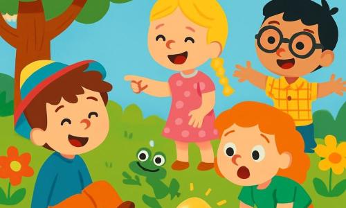 Er zijn 5 personages: - Jonas: Een 7-jarig jongetje met rommelig bruin haar, die een grote kleurrijke hoed draagt. Hij zit op het gras met een amuserende glimlach op zijn gezicht na te zijn gestruikeld. - Mila: Een 6-jarig meisje met gevlochten blond haar, gekleed in een roze stippenjurk. Ze staat naast Jonas en lacht terwijl ze naar een kikker wijst. - Tess: Een 7-jarig meisje met krullend rood haar, draagt een groene t-shirt en een short. Ze zit op haar hurken bij een glanzend ei, met grote ogen van verrassing. - Bram: Een 6-jarig jongetje met zwart haar en een bril, gekleed in een geruite shirt. Hij staat met zijn armen wijd open, alsof hij groot nieuws aankondigt. - Kikker: Een kleine groene kikker met grote ronde ogen, die vrolijk springt bij Mila en kwaakt. De locatie is een betoverde tuin, vol met kleurrijke bloemen, grote bomen met knoestige stammen en een groen gazon. In het midden ligt een glanzend ei dat onder de zon schittert en de aandacht van de kinderen trekt. De belangrijkste situatie toont de kinderen die lachen en zich verwonderen rond het mysterieuze ei, terwijl de kleine kikker vrolijk springt. Het ei begint te barsten, wat een magische verrassing belooft.