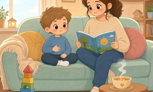 A 4-year-old boy with big bright eyes, a slightly red nose and a gentle smile has his hand on his belly doing slow calm 