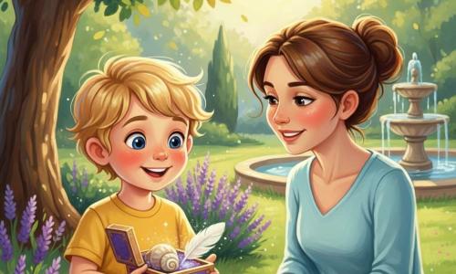 Un bambino di 4 anni, felice e meravigliato, capelli biondi soffici, grandi occhi azzurro-mirtillo e guance rosate, tiene una piccola scatola viola e oro aperta e guarda gli oggetti scintillanti all'interno; la madre, circa 30–35 anni, sorriso tenero e capelli castani raccolti, è inginocchiata sull'erba a destra e lo osserva con orgoglio; il giardino soleggiato mostra erba verde, un cespuglio di lavanda vicino al bambino e una fontana sullo sfondo; nella scatola si vedono una conchiglia madreperlacea, una piuma bianca soffice e una polvere scintillante, luce solare filtrata tra le foglie, colori vivaci e texture spesse tipiche della pittura acrilica.