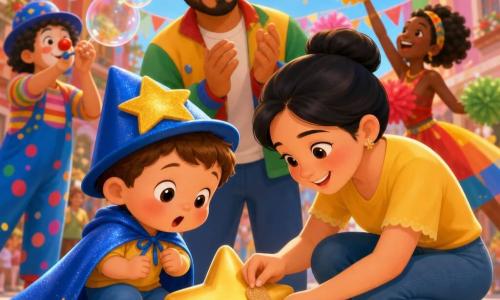 Un niño de 2 años de rostro redondo, mejillas sonrosadas, pelo castaño corto y ojos brillantes, lleva una capa azul brillante y un sombrero con una gran estrella dorada; mira la estrella caída en el suelo con expresión sorprendida y tierna mientras su madre (unos 30 años, cabello negro recogido, piel clara) agacha junto a él y pega la estrella con una tirita dorada, y el padre (unos 32 años, barba ligera, piel morena) detrás aplaude con mirada afectuosa; al fondo una calle de carnaval soleada con banderines rojos, amarillos y verdes, guirnaldas y confeti flotando, un payaso sopla grandes burbujas y una mujer lanza pompones, la composición centra en la familia, colores vivos, texturas suaves y luz cálida de mañana que crea una atmósfera alegre y segura.