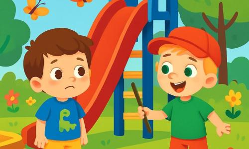 Ci sono 2 personaggi principali: Leo, un bambino di 3 anni con capelli castani e occhi vivaci, indossa una maglietta blu con un disegno di dinosauro e pantaloni corti gialli, e Samu, un bambino di 3 anni con capelli biondi e occhi verdi, che indossa un berretto rosso e una maglietta verde. Si trovano in un parco soleggiato, circondati da fiori colorati e alberi verdi. Leo, un po' nervoso, guarda il grande scivolo rosso mentre Samu, sorridente, lo incoraggia a provare. L'atmosfera è gioiosa, piena di risate e colori, evidenziando l'importanza della fiducia in sé.