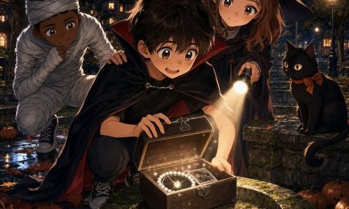 Niño de 12 años (Bruno) de cara redonda, ojos grandes y brillantes, expresión emocionada y nerviosa, sonrisa tímida; lleva capa de vampiro negra, camiseta oscura y zapatillas, agachado mientras levanta la tapa de una pequeña caja de madera. Niña de 13 años (Lara) de pelo castaño medio, sombrero sencillo de bruja, mirada emocionada y sonrisa suave; de pie detrás de Bruno con una mano en su hombro, iluminada por una linterna. Niño de ~12 años (Nico) envuelto en vendas como momia, postura cómica y protectora a la izquierda, observando con curiosidad. Un gato negro de tamaño medio con lazo naranja en el cuello, sentado en un banco de piedra a la derecha, cola enroscada, vigilando la caja. Lugar: cima de una colina de parque de noche, fuente circular seca de piedra, adoquines húmedos y hojas otoñales, pequeñas calabazas decorativas, casas y farolas al fondo bajo un cielo estrellado con luna delgada. Situación: revelación mágica y cálida — la caja abierta muestra un brazalete de perlas con una pequeña estrella brillante y una foto doblada; la linterna proyecta un halo de luz suave y reflejos plateados, ambiente amable y ligeramente misterioso.
