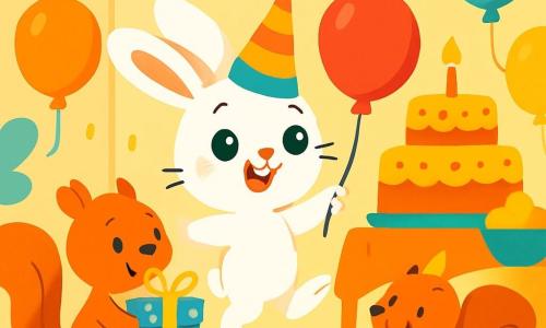 Lili, ein kleiner Hase mit großen Ohren und weichem, weißem Fell, springt fröhlich in einem für ihren Geburtstag dekorierten Raum, mit funkelnden Augen vor Glück. Sie trägt einen bunten, spitzen Hut und hält einen roten Ballon in ihren Pfoten. Neben ihr steht ihr Freund Max, ein fröhliches Eichhörnchen mit einem buschigen Schwanz und schelmischen Augen, der lächelt und ein in glänzendes Papier eingewickeltes Geschenk hält. Der Raum ist mit bunten Ballons, glitzernden Girlanden und einem großen Tisch voller Kuchen und Leckereien gefüllt. Die Hauptsituation zeigt Lili, die die Überraschung ihres Geburtstags entdeckt, umgeben von strahlenden Dekorationen und einer festlichen Atmosphäre, bereit zu feiern.