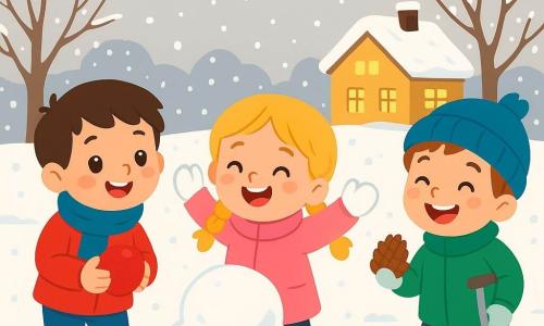 Ci sono 3 personaggi: Marco, un bambino di 4 anni con capelli castani e occhi vivaci, indossa un cappotto rosso vivo e una sciarpa blu, è a sinistra sorridente con una pallina rossa in mano; Lina, una bambina di 4 anni con capelli biondi intrecciati e guance rosate, indossa un cappotto rosa e guanti bianchi, è al centro mentre costruisce una piccola montagnola di neve, con le braccia alzate; Tommaso, un bambino di 4 anni con capelli castani e una stampella, indossa un cappotto verde e un berretto blu, è a destra ridendo e guardando i suoi amici, mentre tiene una pigna in mano. Il luogo è un giardino d'inverno coperto da uno spesso strato di neve scintillante sotto un cielo grigio chiaro, con alberi spogli e una casa accogliente sullo sfondo. I tre amici giocano nella neve, l'atmosfera è gioiosa e vivace con fiocchi di neve che cadono dolcemente intorno a loro.