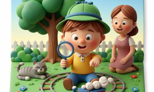A 4-year-old boy with a round face, tousled light-brown hair, freckles, bright eyes and a curious proud smile wears a green felt detective hat and holds a plastic magnifying glass while pointing at a small red-and-blue toy train running on circular tracks. A gray striped cat named Whiskers lies relaxed in the sun to the boy’s left. The mother, about 30–35, with tied brown hair and a simple dress, stands in the background right, smiling and leaning forward with hands on her knees. Daytime garden with textured green grass, scattered red, yellow and blue flowers, a large leafy tree and a small white fence. The scene captures the discovery moment: the toy train emits stylized white puffs of steam, joyful warm atmosphere, bright colors, soft rounded shapes and gentle late-morning light.