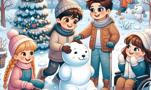 In un parco invernale, quattro bambini si divertono a creare sculture di neve. Luca, un ragazzo di 10 anni con capelli castani e occhi vivaci, modella un orso di neve, concentrato e sorridente. Accanto a lui, Sara, una ragazza di 9 anni con capelli dorati e trecce, lancia palle di neve in aria, ridendo di gioia. Marco, un ragazzo di 10 anni con capelli bruni e occhiali, osserva la scena con un taccuino in mano, pronto a disegnare le loro creazioni. Infine, Chiara, una ragazza di 9 anni con capelli bruni e occhi brillanti, è seduta sulla sua sedia a rotelle, tenendo rami e bacche per decorare le sculture, con un sorriso incoraggiante. Il parco è coperto da uno spesso strato di neve scintillante, con alberi carichi di fiocchi e un cielo azzurro punteggiato di nuvole bianche. Fiocchi di neve cadono dolcemente, aggiungendo un tocco magico alla scena. I bambini, uniti dalla loro creatività, lavorano insieme per dare vita alle loro sculture di neve, condividendo risate e idee in un'atmosfera gioiosa e calorosa.