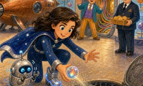 Hoofdpersonage Nova Nox, een glimlachende superheldin in donkerblauwe sterrendracht en korte cape, buigt zich om de Mini-Kern — een kleine transparante bol met een regenboogvlam — te grijpen voordat die in een grote metalen ventilatierooster valt; Piep-7, een klein zilverkleurig robotje met blauwe LED-ogen, trilt en applaudisseert naast haar; burgemeester Bim staat opgelucht bij de deur en houdt zijn handen omhoog; een museumwachter in donker uniform met een koekjestrommel kijkt glimlachend toe; achtergrond: het interieur van het Ruimtemuseum met glazen vitrines, kleine glanzende planeten, een oud koperen schip, lichte vloeren en een open luik naar een tunnel vol kleurrijke kabels, zachte verlichting en fonkelend stof.
