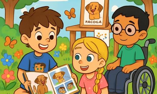 Há 3 personagens: - Miguel: um garoto de 10 anos, com cabelos castanhos bagunçados e olhos castanhos brilhantes. Ele usa uma camiseta azul com um desenho de cachorro e um short bege. Está sentado na grama, segurando um álbum de recordações. - Luísa: uma garota de 10 anos, com longos cabelos loiros trançados e olhos verdes brilhantes. Ela usa um vestido rosa com flores e sandálias. Está ao lado de Miguel, sorrindo, pronta para compartilhar uma história. - Pedro: um garoto de 10 anos, com cabelos curtos e pretos e óculos redondos. Ele está em uma cadeira de rodas, vestindo uma camiseta verde e calças pretas. Está um pouco atrás, observando atentamente o álbum de recordações que Miguel segura. O local é um jardim ensolarado, cheio de flores coloridas e grandes árvores verdes. Há uma pequena mesa decorada com fotos de cães e desenhos de crianças. O céu é azul com algumas nuvens brancas, e borboletas voam ao redor das flores. A situação principal mostra Miguel, Luísa e Pedro reunidos para uma cerimônia emotiva em memória de Paçoca, o cachorro de Miguel. Eles compartilham lembranças alegres enquanto olham o álbum cheio de desenhos e fotos, criando uma atmosfera de ternura e celebração da vida.