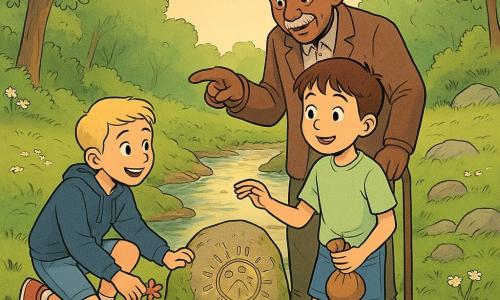 Há três personagens: um menino de cerca de 10 anos, cabelos castanhos curtos, camiseta verde-claro e short jeans, no centro da pequena passarela de madeira, olhando maravilhado para uma pedra gravada e segurando um saco de sementes; outro menino de cerca de 10 anos, cabelos loiros curtos, moletom azul e tênis vermelhos, agachado na margem esquerda plantando uma flor e sorrindo, estendendo a mão para o amigo; e um avô de cerca de 70 anos, cabelos grisalhos e bigode fino, jaqueta de lã marrom e boina, atrás dos meninos apoiado numa bengala, apontando a pedra gravada com olhar benevolente. O cenário é um riacho límpido atravessado por uma passarela estreita coberta de musgo e flores silvestres, margens herbosas com margaridas, árvores altas de folhas verde-claras e pedras com líquens, luz suave do fim de tarde refletindo dourada na água. A cena mostra-os descobrindo juntos a grande pedra gravada na margem, em clima caloroso e cooperativo, com gestos de cuidado e partilha; composição centrada na passarela e na pedra, cores em tons pastel e traços suaves.