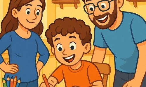 Un ragazzo di 10 anni, con capelli ricci e occhi pieni di curiosità, è seduto a un tavolo di legno in una cucina luminosa. Ha un sorriso radioso e tiene una matita colorata, concentrato su un quaderno aperto davanti a lui, pieno di disegni e scritte. Accanto a lui, sua madre, una donna di circa trent'anni con capelli lunghi e castani, lo guarda con orgoglio, le mani sui fianchi, mentre suo padre, un uomo di circa trent'anni con una leggera barba e occhiali, si inclina in avanti, sorridendo e incoraggiando il figlio. La cucina è accogliente, con pareti gialle, scaffali pieni di libri e finestre che lasciano entrare la luce del sole, creando un'atmosfera gioiosa e conviviale. La scena principale mostra il ragazzo mentre condivide la sua passione per la scrittura con i genitori, tutti insieme in un momento di complicità e felicità familiare.