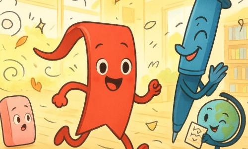 The main character is a small red bookmark with a bright ribbon, wide smile and shiny round eyes, running with the ribbon streaming behind in a dynamic pose; Penelope Pen is a blue fountain pen with a mischievous expression and a slightly askew ink cap, clapping at the side of the track while holding a scribbled sheet; Gigi the Globe is a tiny anthropomorphic globe winking playfully and rolling behind Penelope, showing a small unrolled map; Elmer Eraser is a plump pink eraser, out of breath with a startled smile, near an entrance where wind has lifted papers; the setting is a bright media library atrium with warm wooden floors, large windows letting in golden rays and low shelves of colorful books in the background, paper confetti drifting; the scene depicts a joyful race of little bookmark-objects on an improvised track amid flying papers, twirling ribbons and doodle-like laughter motifs.
