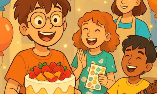 A 12-year-old boy with messy brown hair and round glasses smiles joyfully while holding a colorful fruit cake decorated with strawberries and peaches in a room filled with twinkling lights. Next to him, an 11-year-old girl with curly hair and a unicorn-patterned t-shirt enthusiastically claps while holding a sheet of stickers. A 12-year-old boy with black hair and a dark complexion sits on a chair playing the ukulele with a big smile, while a woman in her thirties with brown hair and an apron proudly watches the scene, surrounded by colorful garlands. The room is decorated with multicolored balloons and string lights, creating a festive and warm atmosphere. The main situation shows the boy celebrating his birthday with friends, surrounded by laughter and joy as they sing together and prepare to enjoy the cake.