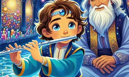 A young man named Amir, with sparkling curious eyes and wavy brown hair, stands at the center of the scene, playing a silver flute with a look of wonder on his face. Next to him, Zahir, an elderly man with a long white beard and wise eyes, watches with a benevolent smile, dressed in an indigo robe adorned with golden patterns, arms crossed, admiring the magic emanating from the music. They are in the beautiful alcove of the Whispering Cave, where the walls shimmer with multicolored crystals and a starry ceiling seems to dance to the rhythm of the melody. In the center, a basin of crystal-clear water reflects the shimmering lights, creating an enchanted atmosphere. The main scene shows Amir playing the flute, filling the air with magical notes, while bursts of light dance around him, revealing visions of forgotten tales and dreams encased in the water.