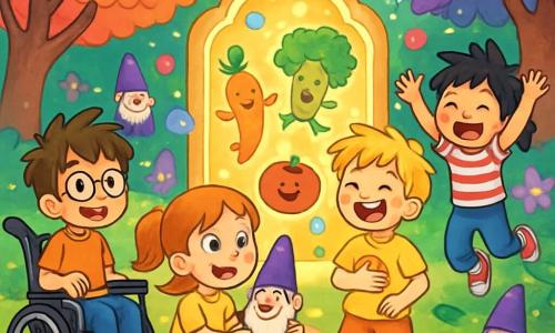 There are 4 children: Sam, a 10-year-old boy with messy brown hair and round glasses, sitting in his wheelchair with a big smile, observing others; Lily, a 9-year-old girl with freckles and red hair in pigtails, crouched down holding a garden gnome with a purple hat, her eyes sparkling with excitement; Max, a 10-year-old boy with messy blonde hair and a pizza graphic t-shirt, standing with one hand on his belly, laughing joyfully surrounded by colorful candies; and Jo, an 8-year-old girl with spiky black hair and a striped t-shirt, jumping for joy with her arms raised and a big smile. The children are in a magical park with brightly colored trees, giant flowers with sparkling petals dancing in the wind, and flying books adding a whimsical touch. In the distance, a garden gnome with a purple hat seems to watch them curiously. The main scene shows the children discovering a magical portal shining brightly, surrounded by colorful bubbles, all amazed and ready to enter a fantastic world filled with dancing vegetables and fun creatures.