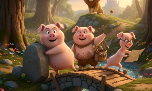 Personagens: três porquinhos meninos — o protagonista, rosto redondo e bochechudo, pelagem rosa, olhos grandes e expressão corajosa, empurra uma pedra pesada para ajudar a construir uma pequena ponte; o segundo, mais atarracado e com pelagem manchada de lama, sorri e segura um saco de ferramentas atrás do primeiro; o terceiro, magro e ágil, usa óculos redondos e consulta um mapa apontando para o castelo. Personagem secundário importante: o Rei Leão, macho de crina dourada, olhar sábio, sentado num trono de pedra no alto de uma colina, observando com benevolência. Local: clareira iluminada com chão de musgo, árvores antigas, flores e um riacho claro, ponte inacabada de pedra e madeira em primeiro plano. Situação: os três porquinhos trabalham juntos para terminar a ponte, composição diagonal, luz quente do fim da tarde, cores vivas e texturas táteis.