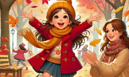 Uma menina de 6 anos, chamada Maria, com longos cabelos castanhos e olhos brilhantes de alegria, está dançando em um parque cheio de folhas de outono coloridas. Ela usa uma jaqueta vermelha e um gorro de lã amarelo, sorrindo amplamente, com os braços abertos, como se quisesse pegar as folhas que caem ao seu redor. Ao lado dela, sua mãe, uma mulher de cerca de trinta anos com cabelos castanhos presos em um coque, a observa com um sorriso carinhoso. Ela usa um suéter bege e um lenço com estampas florais, aplaudindo enquanto observa sua filha se divertir. O parque é um lugar mágico, com árvores majestosas de folhas douradas, vermelhas e laranjas, e um céu azul claro que se tinge de rosa no horizonte. Bancos de madeira estão espalhados, e crianças brincam ao longe, contribuindo para a atmosfera alegre. A cena principal mostra Maria lançando folhas ao ar com entusiasmo, enquanto elas giram ao seu redor como confetes coloridos. É um momento de pura alegria e celebração do outono, repleto de risos e magia.