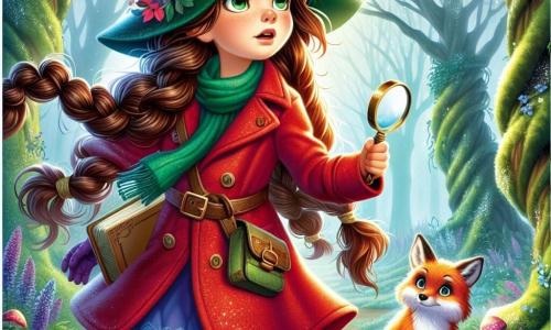Una chica de 12 años, con largas trenzas de cabello castaño, lleva un gran sombrero de fieltro verde y un abrigo rojo brillante. Su rostro expresa una determinación valiente, con ojos brillantes de curiosidad. Sostiene una lupa en una mano y un cuaderno en la otra, al borde de un camino en un bosque misterioso. A su lado, un pequeño zorro de pelaje dorado y ojos traviesos observa la escena, sentado sobre una piedra cubierta de musgo, listo para ayudarla en su aventura. El lugar es un bosque encantado, con árboles de troncos torcidos y hojas plateadas brillando bajo la luz del sol filtrada por la niebla. Flores moradas y hongos coloridos salpican el suelo, creando un cuadro mágico. La situación principal muestra a la chica decidida, lista para entrar en el bosque brumoso en busca del Gran Lobo Malo, con un destello de esperanza en sus ojos, mientras el zorro la anima a avanzar, resaltando el espíritu de aventura y descubrimiento.