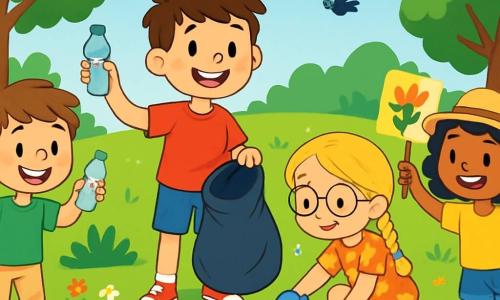 Es gibt 4 Kinder: Max, ein 10-jähriger Junge mit zerzausten braunen Haaren und einem großen Lächeln, trägt ein rotes T-Shirt und eine blaue Shorts und steht in der Mitte mit einem großen Müllsack. Emma, ein 9-jähriges Mädchen mit langen, geflochtenen blonden Haaren und runden Brillen, trägt ein Blumenkleid und hockt sich, um mit einer Zange einen Müll aufzuheben. Leo, ein 10-jähriger Junge mit kastanienbraunen Haaren und Sommersprossen, trägt ein grünes T-Shirt und eine beigen Hose, steht links und zeigt auf eine Plastikflasche, die er gefunden hat. Mia, ein 9-jähriges Mädchen mit lockigem schwarzen Haar und einem Strohhut, trägt ein gelbes T-Shirt und eine Jeansshorts, steht rechts, lächelt und hält ein buntes Schild mit der Aufschrift 