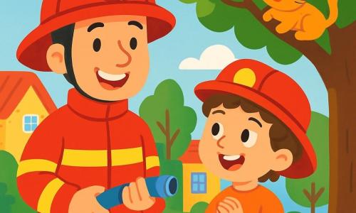 Un bombero sonriente, un hombre de unos treinta años, lleva un gran casco rojo y un uniforme brillante. Su rostro irradia orgullo y determinación mientras sostiene una pequeña manguera. A su lado, un niño de 7 años, con cabello rizado y una gorra de bombero, mira con asombro, los ojos abiertos de alegría. Se encuentran en una bonita plaza del pueblo, rodeada de casas coloridas y árboles verdes. Al fondo, un pequeño gatito está posado en una rama, maullando suavemente, mientras el sol brilla en un cielo azul claro. La escena muestra al bombero y al niño ayudando al gatito a bajar del árbol, ilustrando el espíritu de ayuda y aventura.