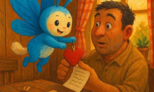 Il protagonista è Lumo, piccola creatura volante con ali di carta velina blu brillante e coda soffice color crema, volto rotondo e sorriso timido, che salta gioiosa nelle braccia del padre tenendo un portachiavi a forma di cuore in feltro rosso; il personaggio secondario è Rino, uomo alto dal corpo morbido come un cuscino, pelle abbronzata e mani leggermente terrose, sorpreso e commosso, inginocchiato vicino a un tavolo di legno mentre tiene delicatamente il cuore e legge una lista manoscritta; sul tavolo rustico una carta ingiallita con scritte, un piccolo sacchetto di semi e delle forbici accanto alla finestra; ambientazione: cucina di una casetta di legno ai margini del bosco con assi in vista, tenda a quadretti rossi, luce dorata del tramonto che entra dalla finestra e vasi di fiori sul davanzale; situazione: momento tenero della consegna del regalo, Lumo salta nelle braccia di Rino e i due sorridono, il portachiavi con una piccola tasca per semi pende davanti alla finestra, atmosfera calda e colori caldi; stile visivo: pittura acrilica con pennellate visibili, palette calda (ocra, rosso, azzurro), texture dettagliate di feltro e legno, luce morbida e ombre lunghe.