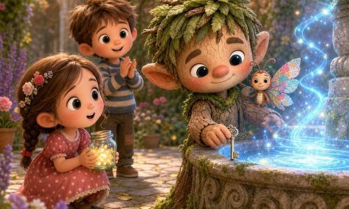 Un piccolo troll maschio di nome Berto, dall'aspetto dolce e coraggioso, pelle color corteccia chiara, capelli verdi a ciocche di foglie e sorriso timido, posa una piccola chiave d'argento sul bordo di una fontana di pietra; una creatura-farfalla con ali di carta colorata è sulla sua spalla destra, una bambina di circa 6 anni con vestito a pois e capelli intrecciati, accovacciata a sinistra della fontana, tiene un barattolo pieno di stelle e ha lo sguardo meravigliato, dietro di lei un bambino di circa 7 anni in maglione a righe applaude con occhi pieni di ammirazione; il giardino è chiuso con muri coperti di muschio, vialetti di pietre antiche e fiori colorati attorno alla fontana scolpita, e la chiave attiva la Luce del Sogno: una dolce luce blu esce dalla fontana in volute scintillanti, illuminando i volti con piccole particelle brillanti e arcobaleni delicati.