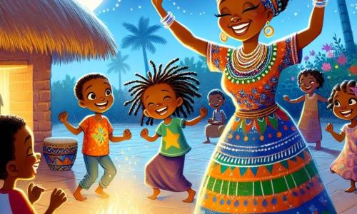 Amani, una mujer africana de unos cuarenta años, se encuentra en el centro de la escena, radiante y sonriente, vestida con un hermoso vestido colorido adornado con motivos tradicionales. Su cabello está trenzado con cuidado y desprende una aura de sabiduría y calidez. Ella baila alegremente alrededor de una gran fogata, rodeada de niños. Entre los niños, un niño de 8 años, con cabello rizado y ojos brillantes, lleva una camiseta de colores vivos y ríe mientras aplaude al ritmo de la música. Una niña de 7 años, con trenzas y un vestido de tela africana, se acerca a Amani, levantando los brazos para imitarla en su danza. La escena se desarrolla en un pintoresco pueblo africano, donde casas de barro con techos de paja están rodeadas de palmeras y flores coloridas. La noche está estrellada, y la luz de la luna ilumina la alegre reunión alrededor del fuego. La situación principal muestra a Amani y a los niños celebrando la diversidad de sus culturas a través de la danza y las risas, creando una atmósfera de alegría y comunidad bajo el cielo estrellado.