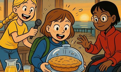 Hay tres personas: Aina, niña de 11 años, pelo castaño claro en corte bob, rostro redondo con pecas, lleva un suéter azul y una mochila verde; está en el centro, arrodillada junto a una mesa, sujetando con ambas manos una gran tarta bajo una campana de plástico. Zoe, niña de 11 años, pelo rubio en trenza, sonrisa amplia, camiseta amarilla y vaqueros; a la izquierda de Aina, de puntillas, sostiene un micrófono de karaoke y mira la tarta con emoción. Mar, niña de 12 años, pelo corto negro, gafas finas y abrigo rojo; a la derecha de Aina, sentada en una silla de ruedas moderna, extiende la mano para ayudar con expresión calmada y cómplice. Lugar: sala común de un albergue junto al mar, suelo de madera clara, grandes ventanas abiertas hacia un muelle y el mar brillante, guirnaldas de farolillos de papel en el techo, bancos de madera, una mesa con una bandeja de limonada y una radio azul antigua junto a la tarta; ambiente crepuscular con luz cálida y sombras suaves. Situación: momento de suspense alegre en el que la tarta de cumpleaños está a punto de caerse de la mesa; escena dinámica y cálida con expresiones exageradas tipo cómic, líneas de movimiento alrededor de la campana, migas en el aire y rostros llenos de amistad y urgencia benévola.
