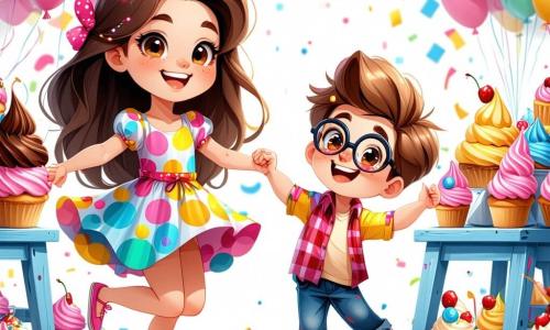 Una ragazza di 10 anni, Sofia, con lunghi capelli castani e occhi brillanti di curiosità, balla felicemente in mezzo a una festa colorata di gelati. Indossa un vestito a pois multicolori e un grande sorriso illumina il suo viso, mostrando la sua eccitazione. Accanto a lei, Marco, un ragazzo di 9 anni con capelli biondi disordinati e occhiali rotondi, ride mentre cerca di seguire il ritmo dei gelati. Indossa una maglietta verde e pantaloni corti blu. Giulia, una ragazza di 10 anni con capelli rossi e trecce, applaude con entusiasmo, vestita con una gonna rosa e una maglietta gialla, un po' in disparte ma piena di energia. La scena si svolge in una radura incantata, circondata da alberi con foglie scintillanti, dove gelati di tutti i colori danzano e cantano attorno a un grande cono di gelato decorato con glitter. Lampi di luce e coriandoli fluttuano nell'aria, creando un'atmosfera festosa e magica. La situazione principale mostra Sofia e i suoi amici che si divertono a una festa incredibile con gelati danzanti, pieni di gioia e meraviglia, celebrando la loro amicizia e il loro amore per il gelato.
