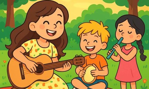 Una giovane donna di nome Marta, con lunghi capelli castani e occhi scintillanti di gioia, suona la chitarra sorridendo, seduta su una coperta colorata nel parco. Indossa un vestito leggero a fiori e le sue dita danzano sulle corde della chitarra di legno chiaro, creando una dolce melodia. Accanto a lei, un ragazzo di nome Leo, di circa 8 anni, con capelli biondi disordinati e un grande sorriso, batte allegramente un tamburello, con gli occhi brillanti di eccitazione. Più lontano, una ragazza di nome Nina, di 7 anni, con capelli neri intrecciati e un vestito rosa, soffia in un flauto lucente, con le guance gonfie per lo sforzo. Il parco è pieno di verde, con grandi alberi dalle foglie verdi e fiori colorati che danzano nel vento. Il sole tramonta, proiettando una luce dorata sulla scena, creando un'atmosfera calda e accogliente. La scena principale mostra Marta e i suoi amici che suonano insieme, creando una bella armonia musicale, mentre i bambini del parco li ascoltano con meraviglia, battendo le mani a ritmo della musica.